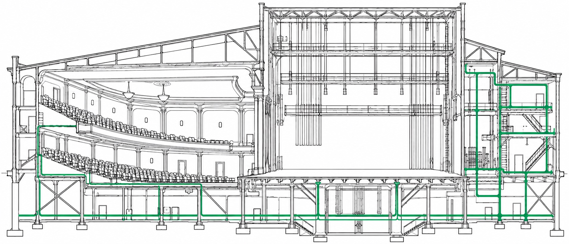 Architectural cutaway of a theatre: the stage, house, and fly loft, with a network of green pipes running beneath the stage and up through every part of the building